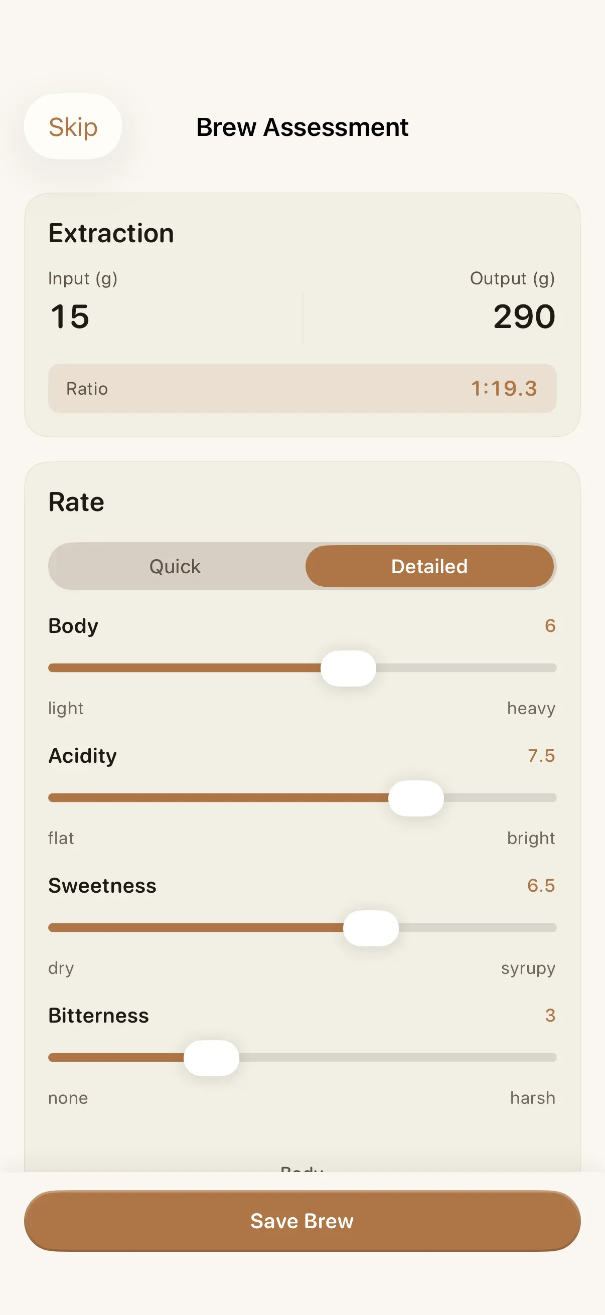 Bloom Brew Coach showing 9-zone taste matrix with actionable brewing adjustments