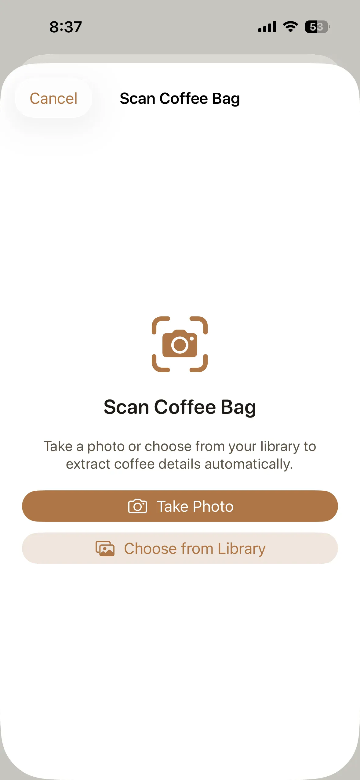 Bloom on-device AI scanner reading a coffee bag label to auto-fill origin, roaster, and flavor details