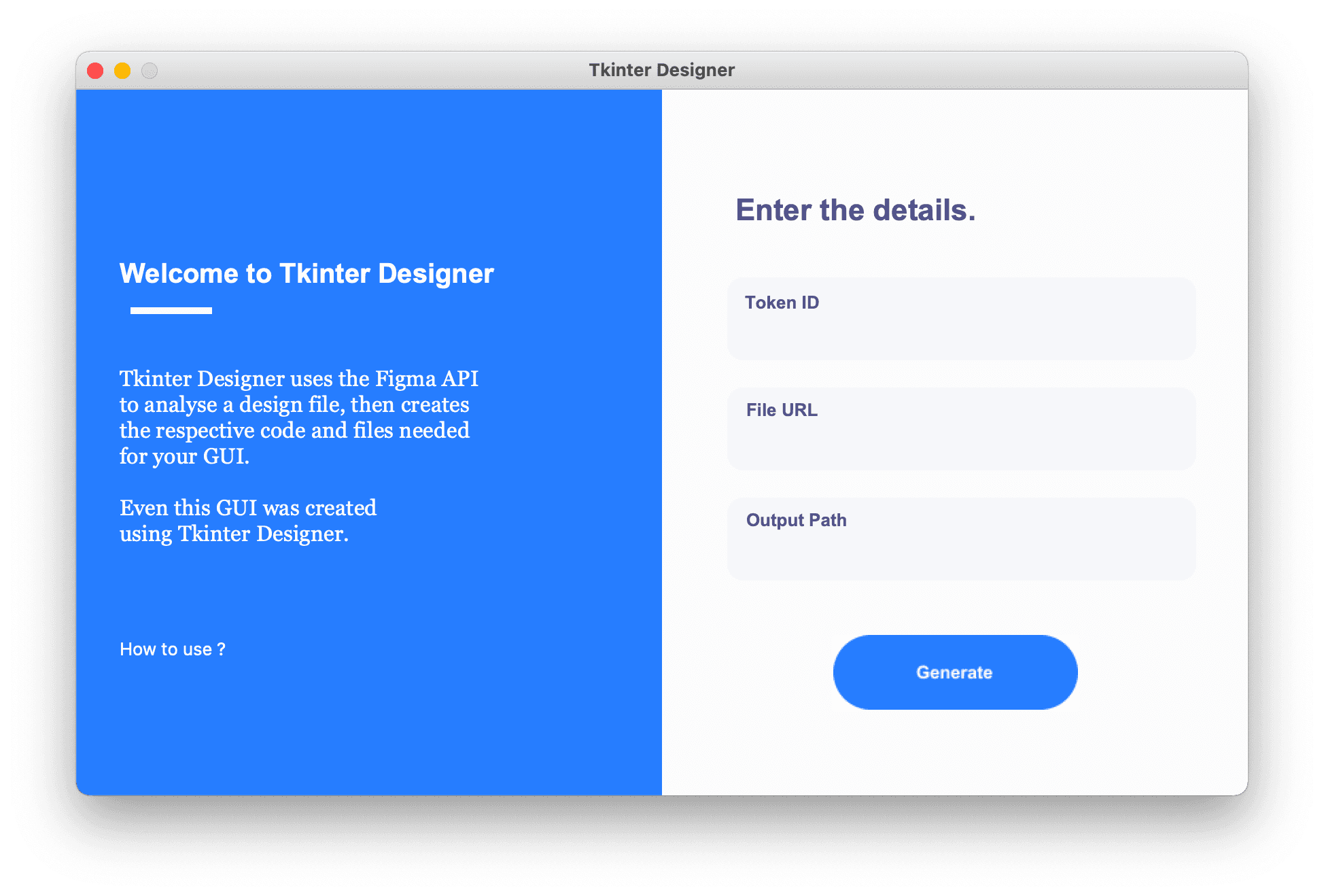 Tkinter Designer's interface for entering a Figma file URL and generating a Python GUI