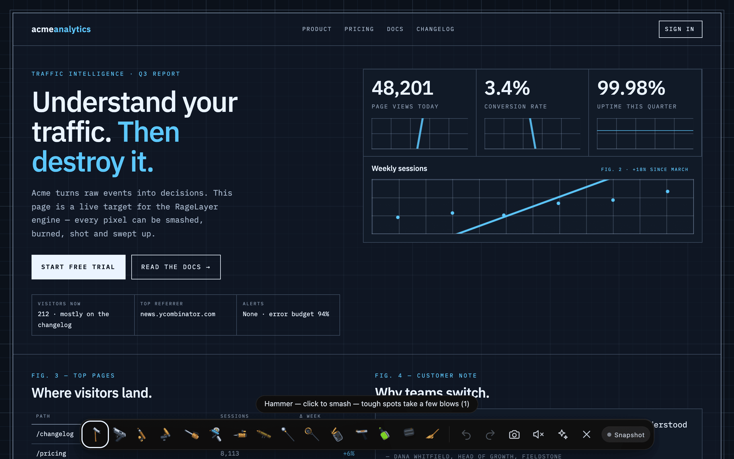 Pristine demo page with the tool toolbar