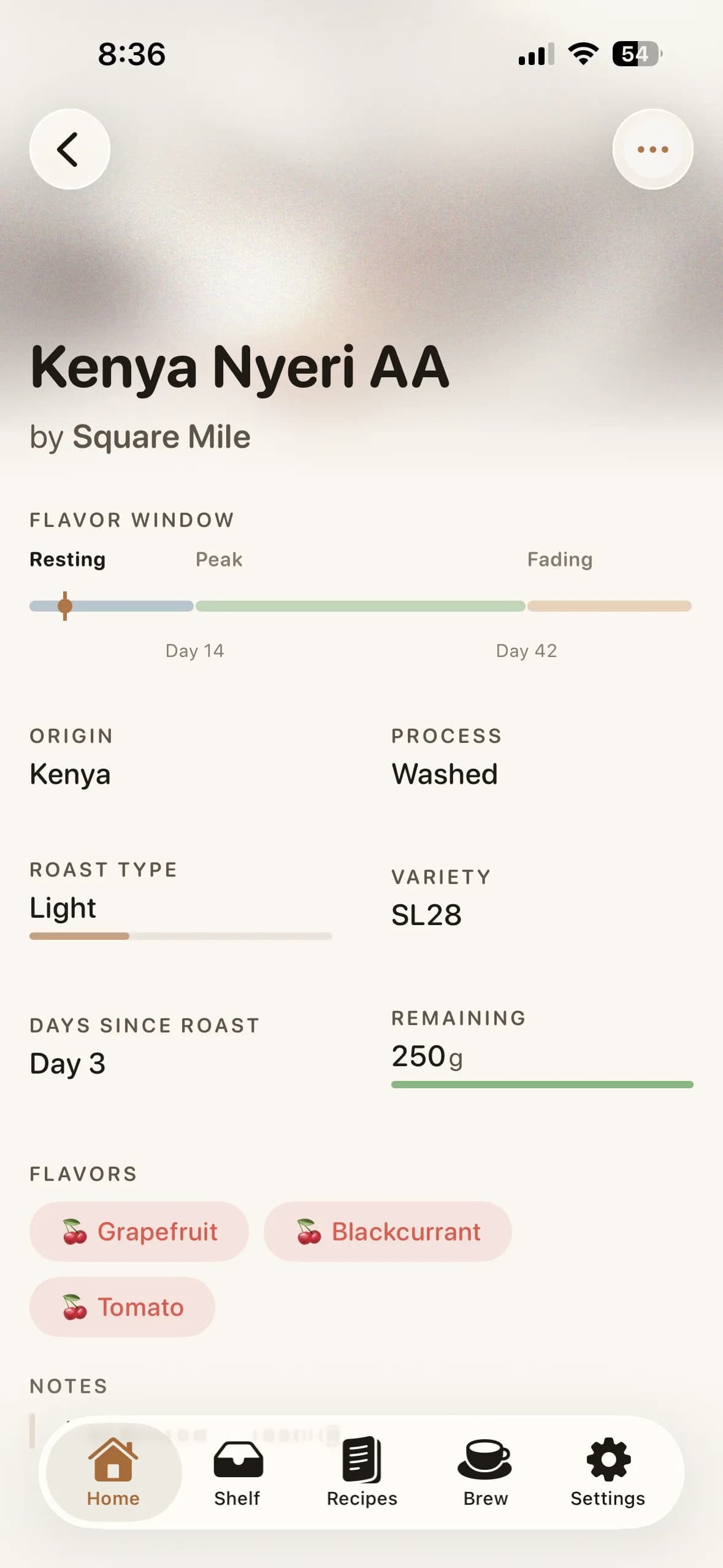 Bloom app coffee detail screen showing origin, roast date, and flavor window freshness indicator