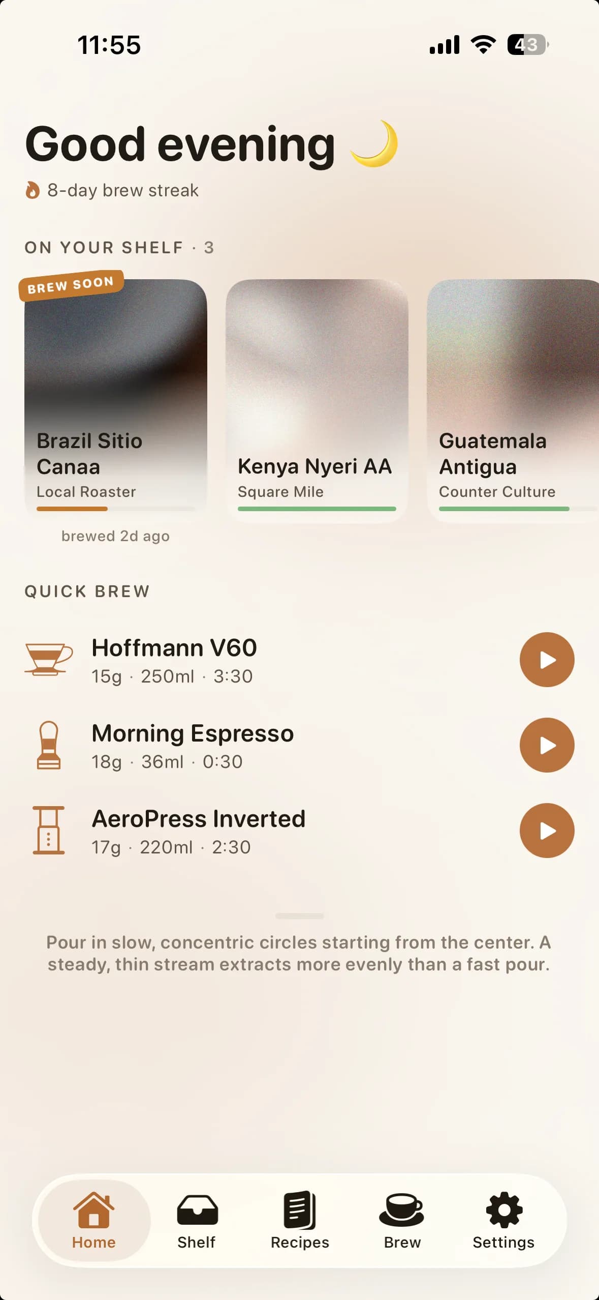 Bloom iOS app home screen displaying coffee shelf with bean freshness tracking and brew counter