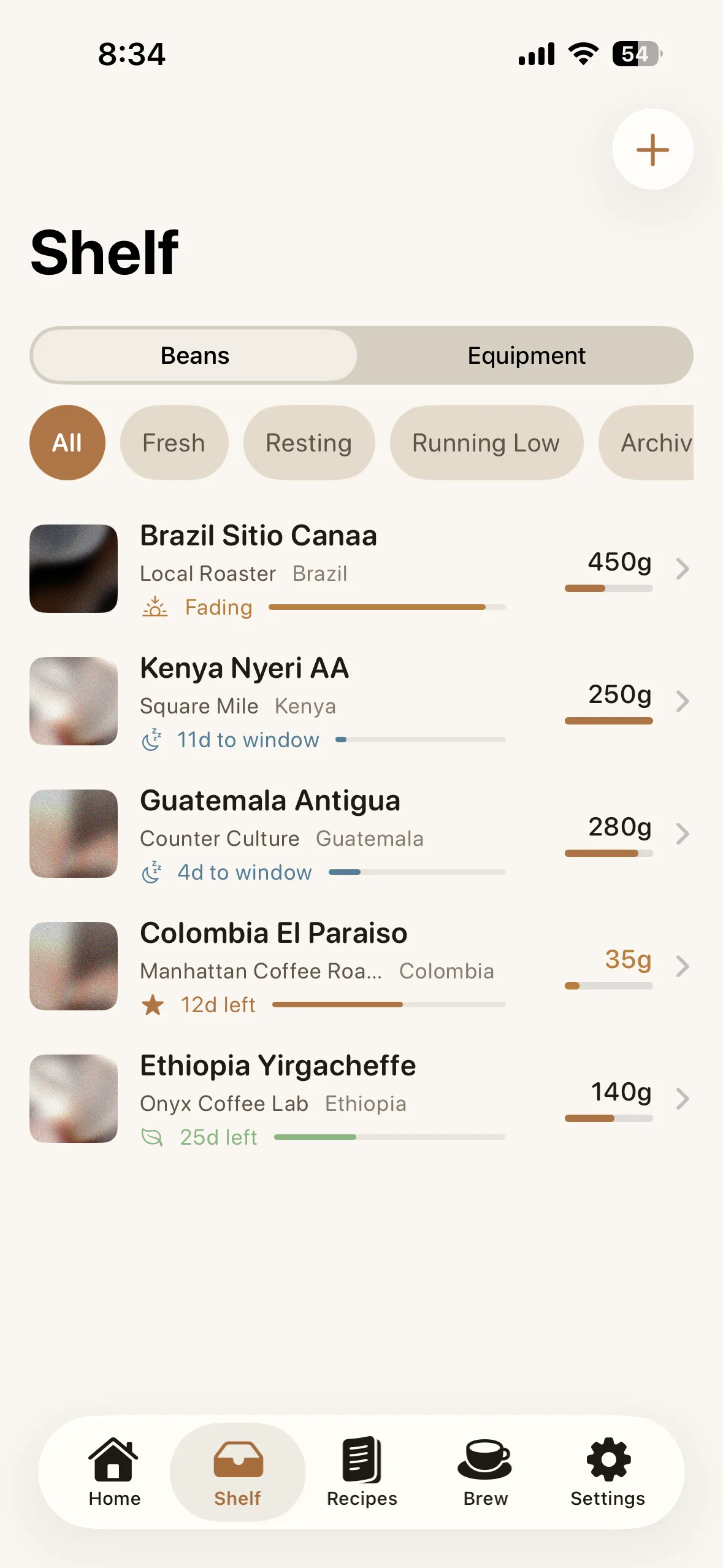 Bloom coffee shelf showing tracked beans with freshness status indicators