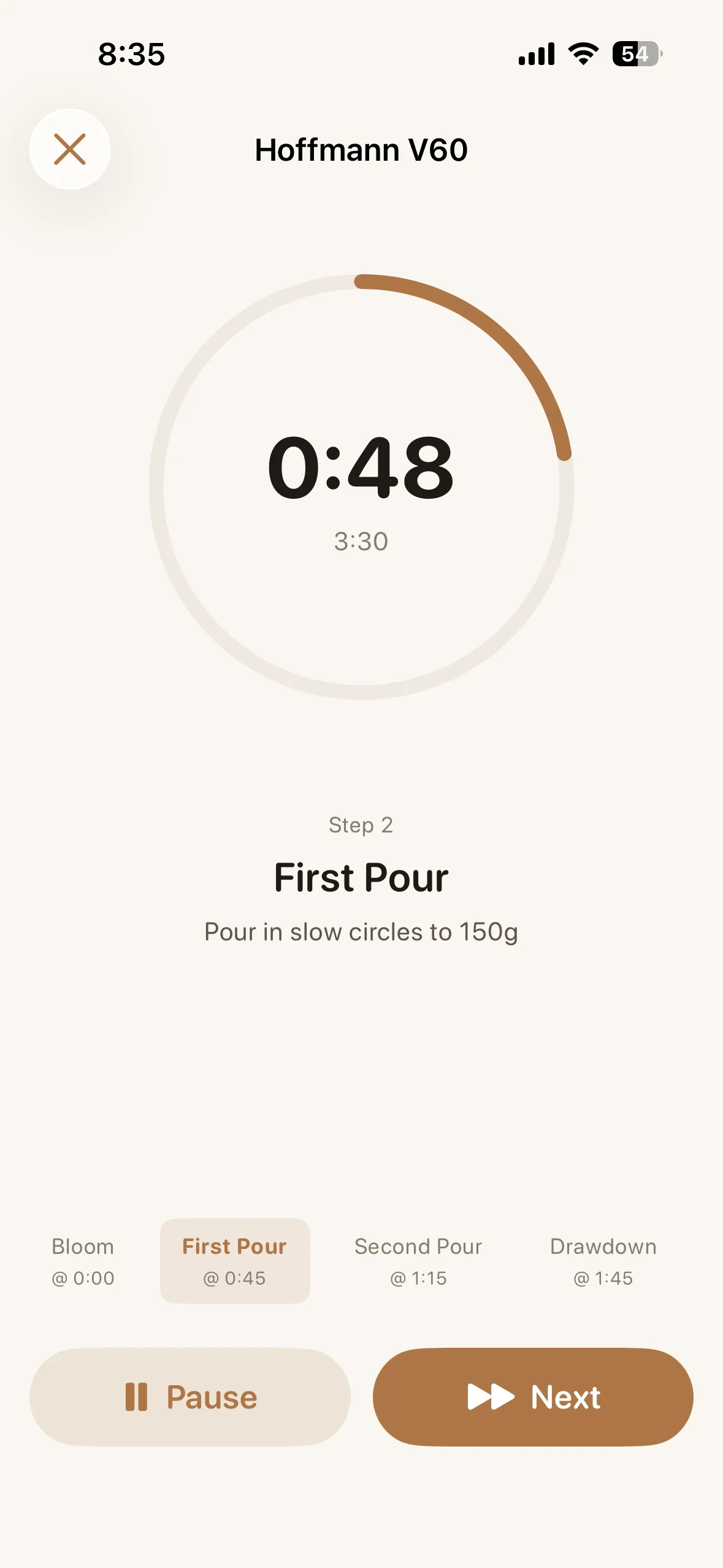 Bloom guided brew timer showing pour steps with haptic cue indicators