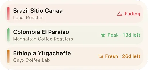 Bloom Shelf Watch iOS widget showing coffee bean freshness status