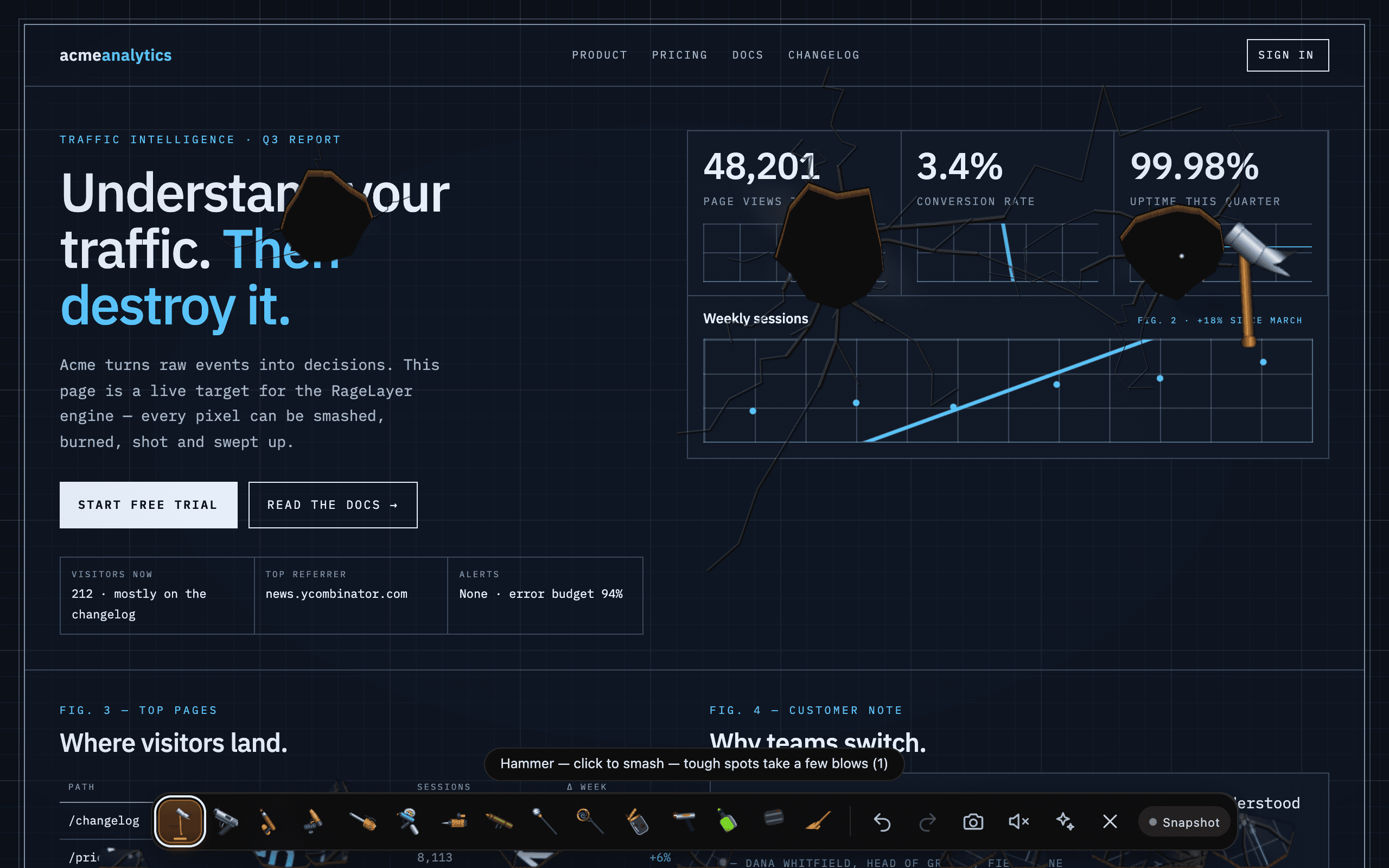 The page with hammer craters through the headline and the stat cards, shards falling away